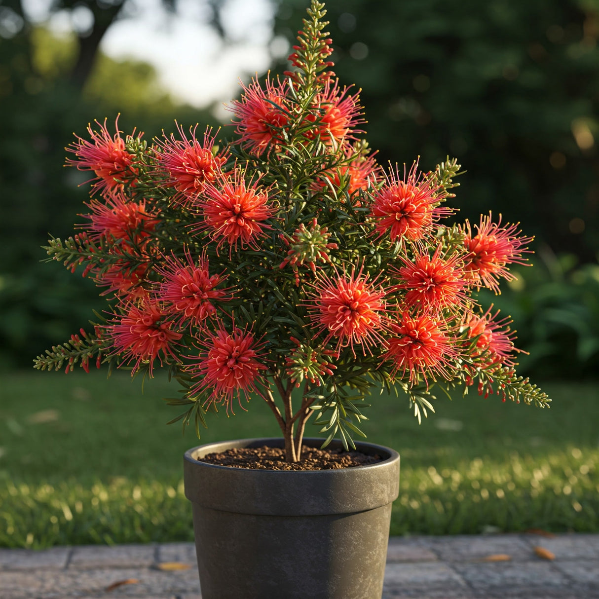 Grevillea longistyla: A striking Australian shrub with long, red, spider-like flowers and delicate, fern-like green foliage, attracting birds and pollinators.