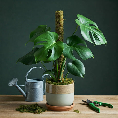 Plant care tools and home decor with indoor plants.