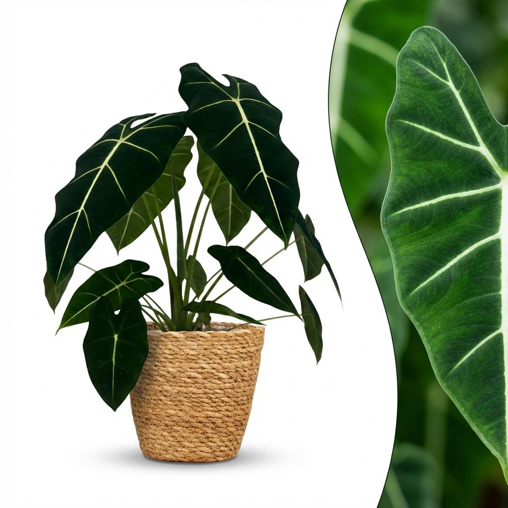 Green boutiQ - Zimmerpflanze - Elefantenohr - Alocasia Frydek - Grün - Pflegeleicht - 1 Pflanze - mit Korb - Topf 19cm - Höhe 60cm